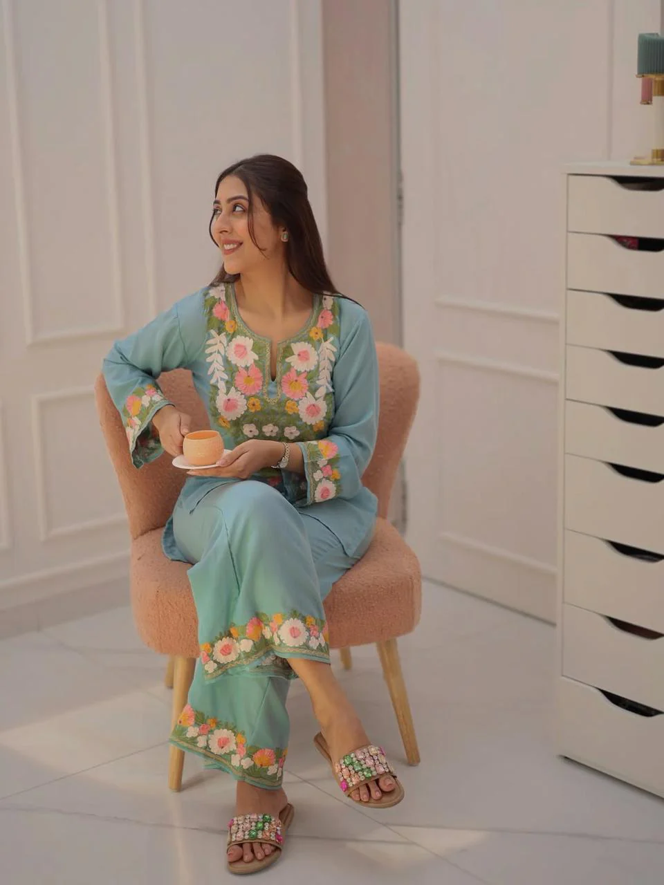 Aqua Blue Floral Embroidered Co-ord Set - Image 2