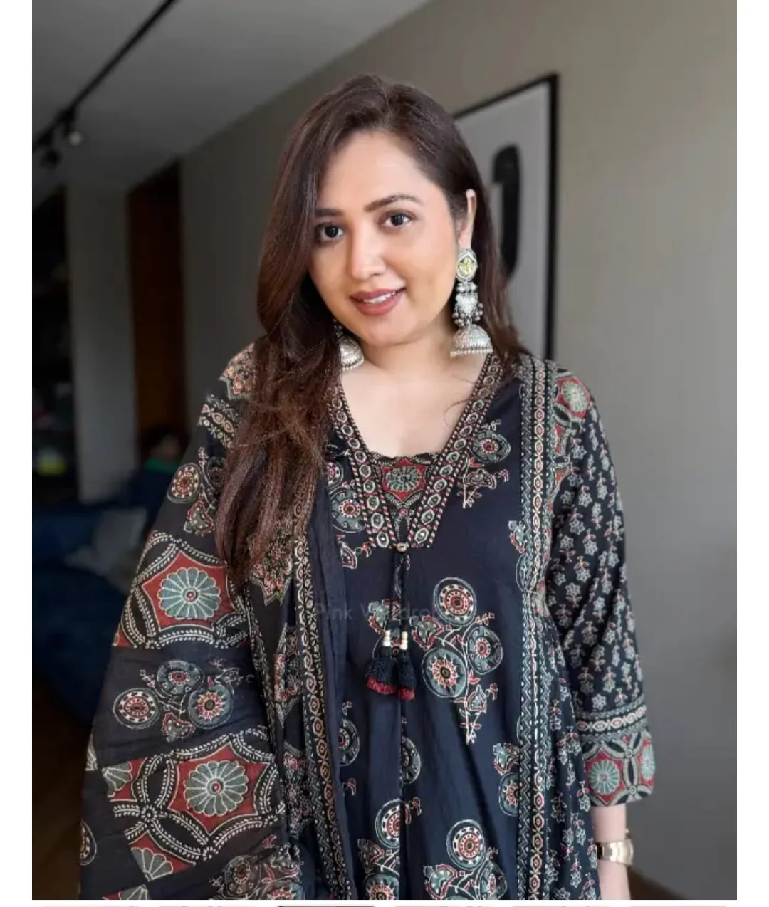 Black Ajrakh Print Anarkali Suit Set for Women