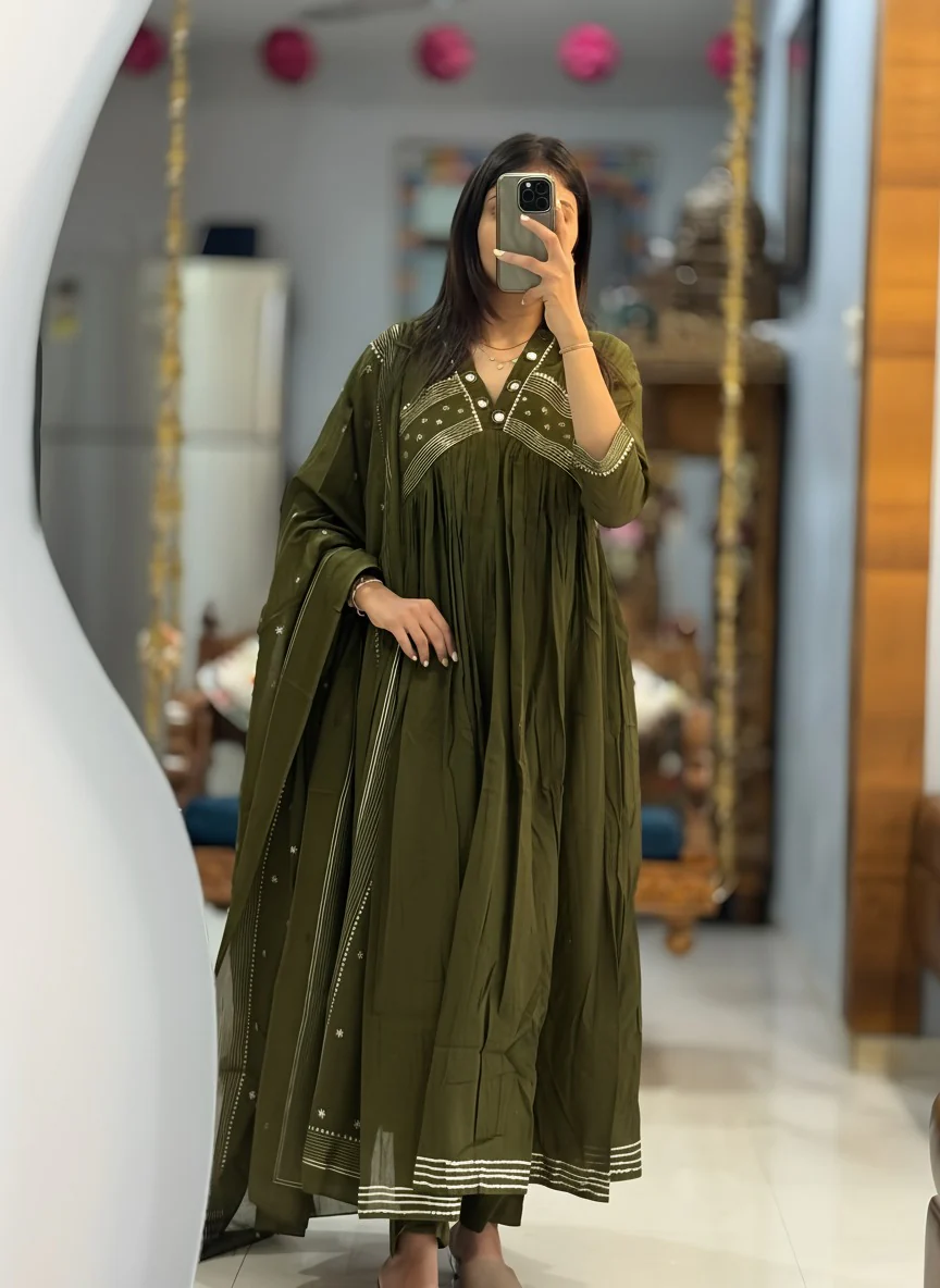 Green Mul Cotton Designer Embroidered Anarkali 3 Piece Set