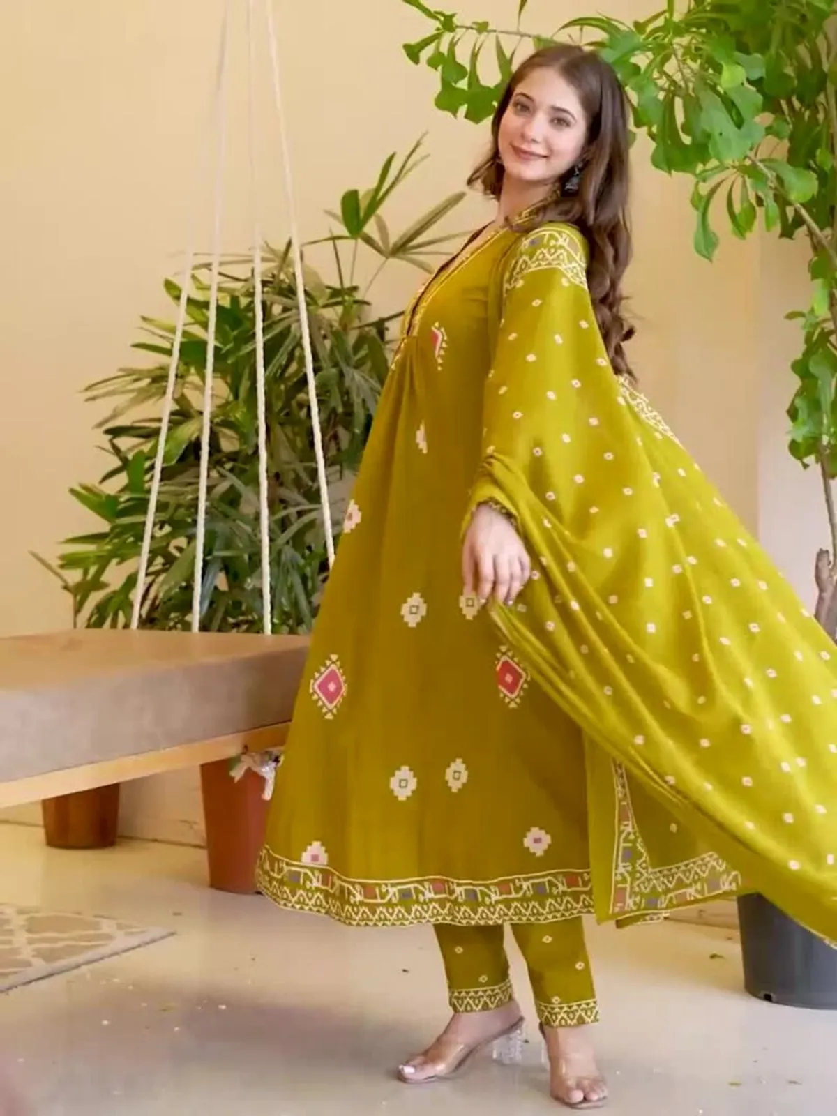 Olive Green Printed Anarkali Kurta Set with Dupatta - Image 3