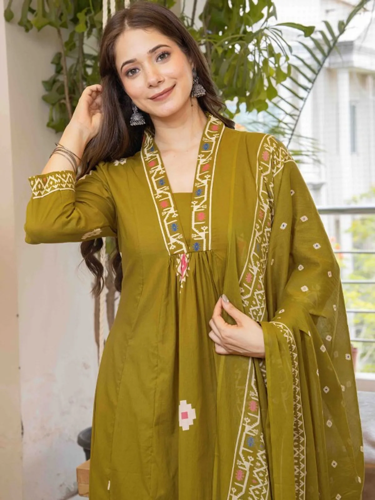 Olive Green Printed Anarkali Kurta Set with Dupatta - Image 7