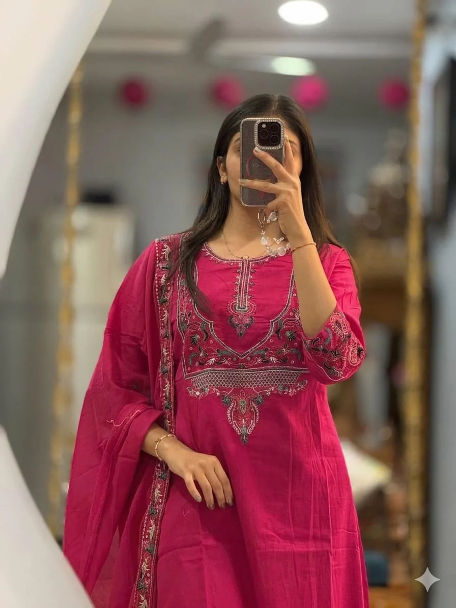 Pink Embroidered Cotton Kurta Pant Dupatta Set - Image 2
