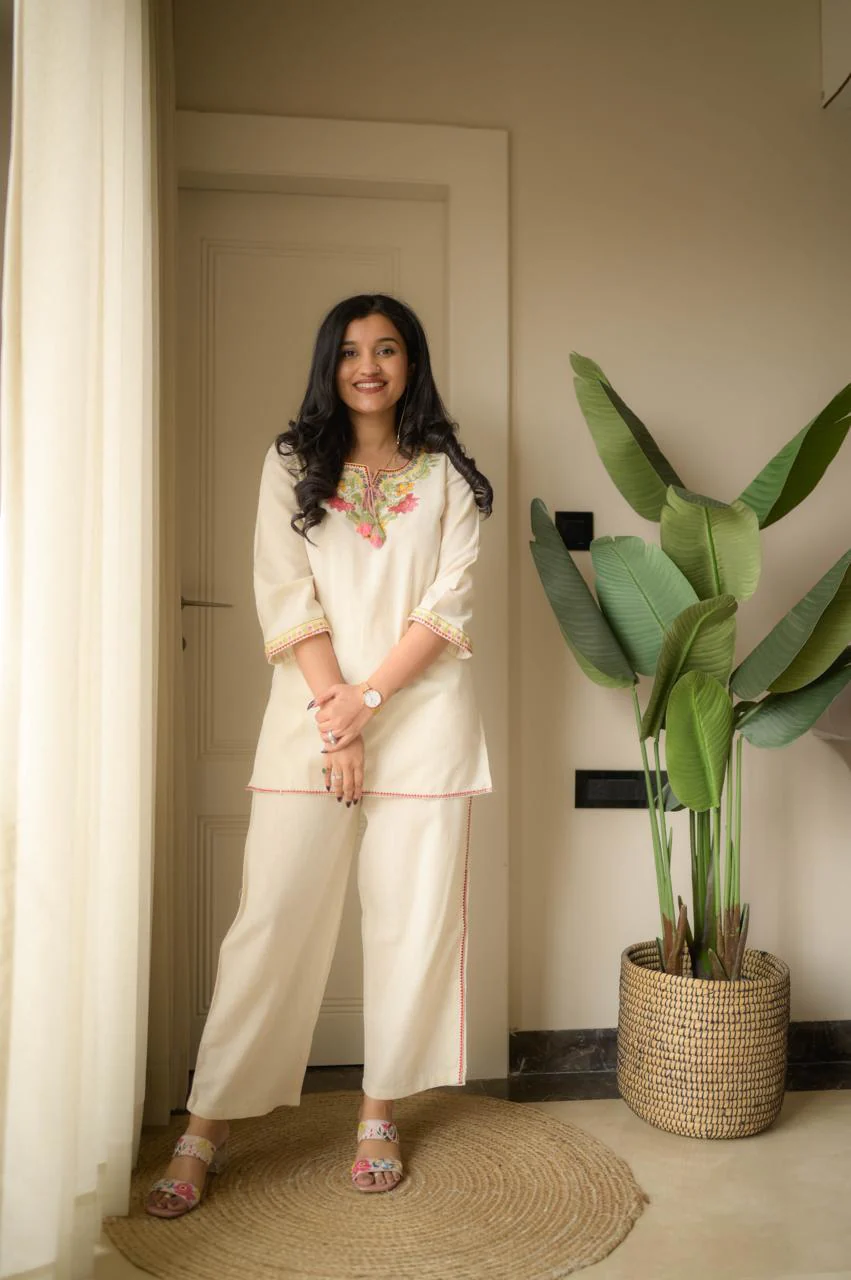 White Embroidery Cotton Co Ord Set - Image 3