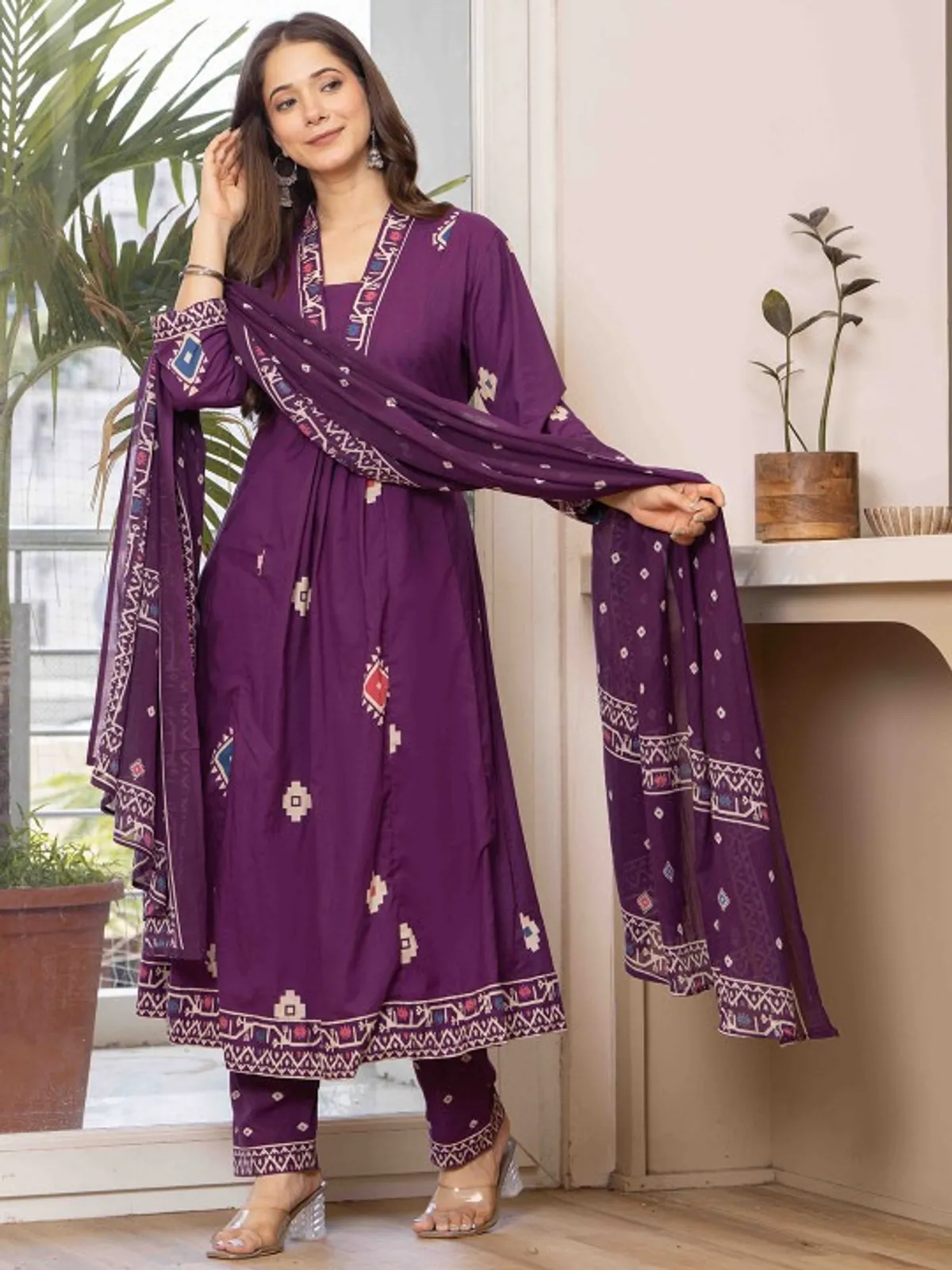 Wine Purple Printed Anarkali Kurta Set with Dupatta - Image 2