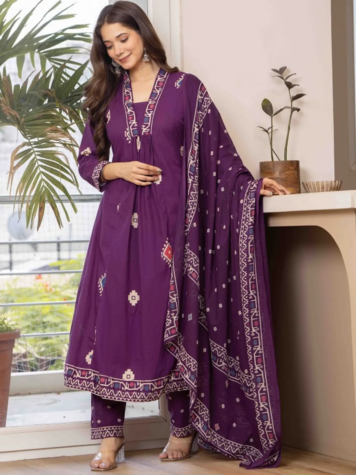 Wine Purple Printed Anarkali Kurta Set with Dupatta - Image 3