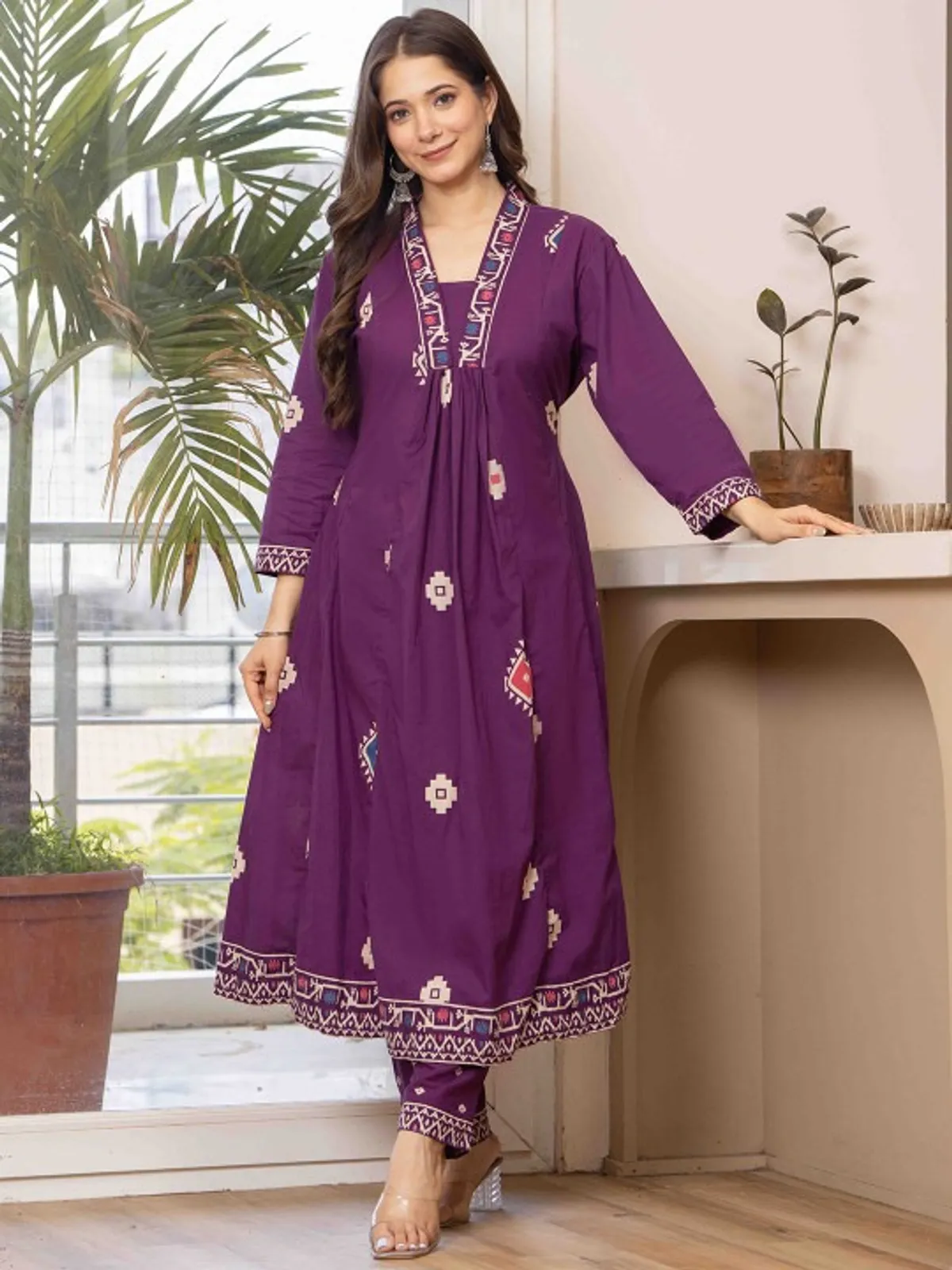 Wine Purple Printed Anarkali Kurta Set with Dupatta - Image 4