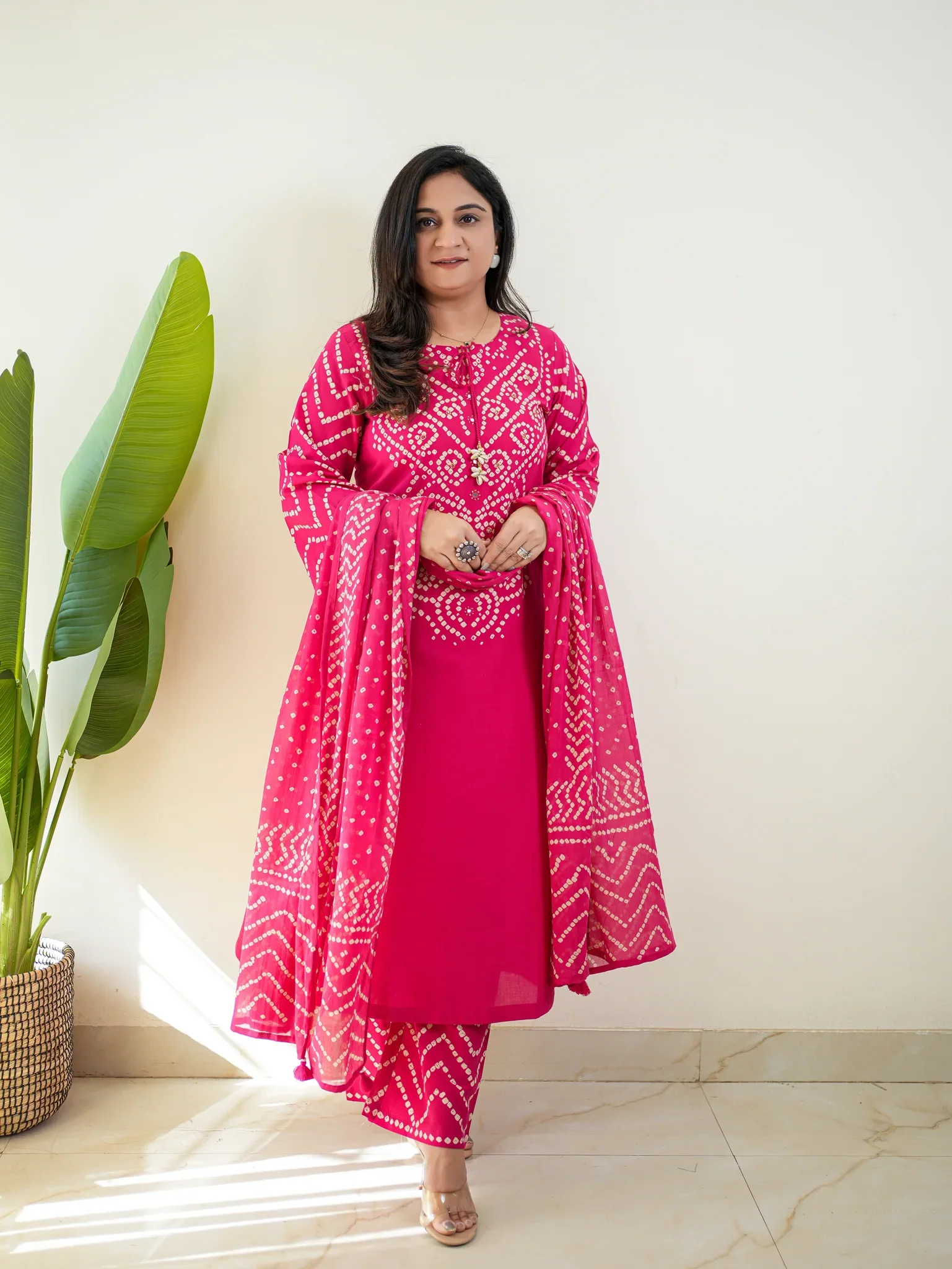 Women’s Bandhani Print Cotton Kurti Palazzo & Dupatta Set – Pink