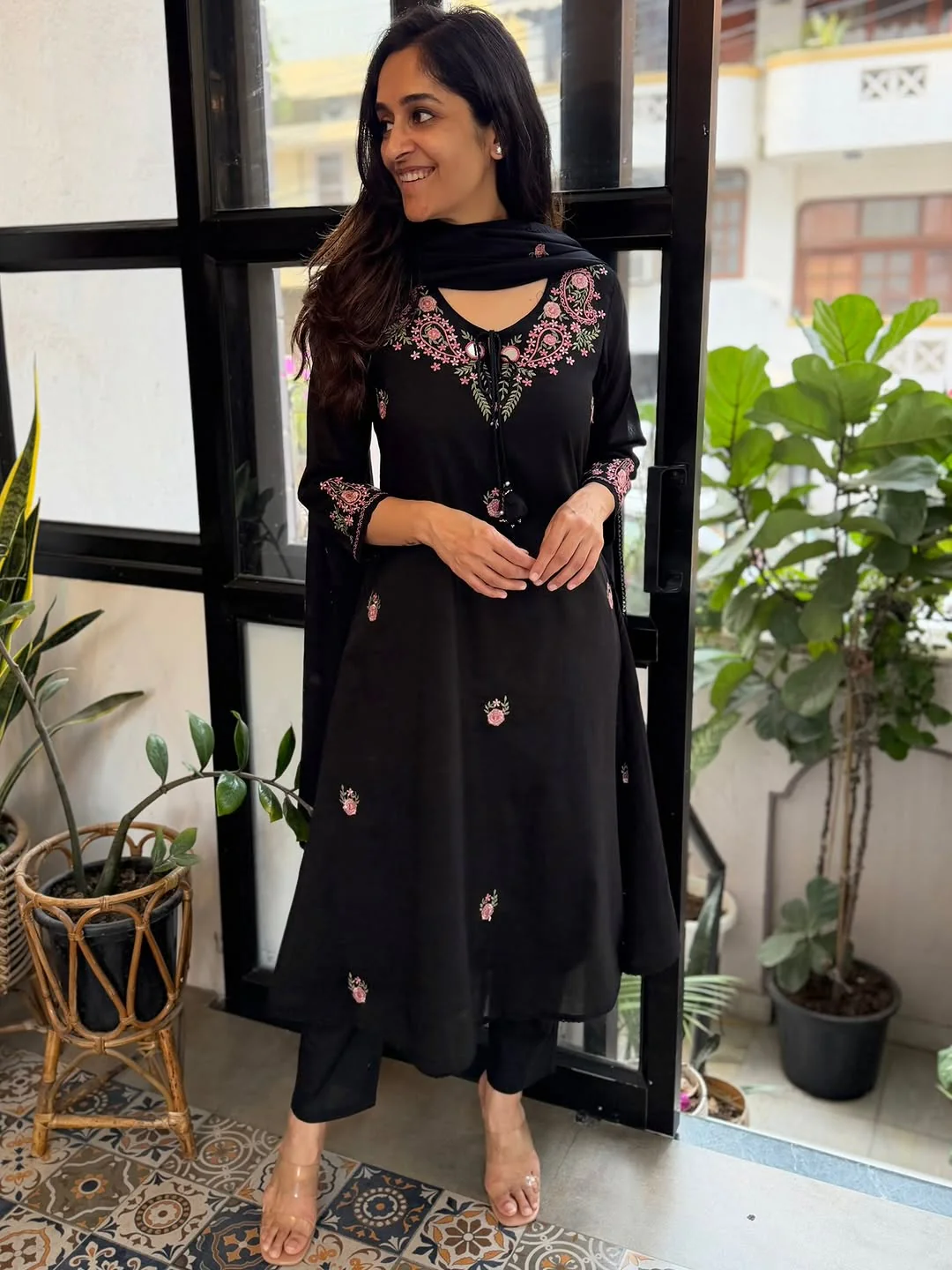 Women’s Black Embroidered Kurta Pant Set with Dupatta