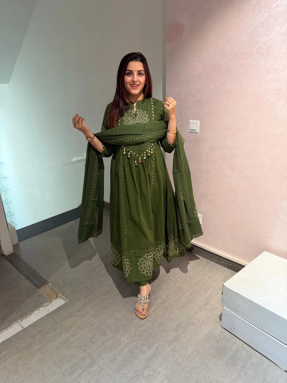 Women’s Green Embroidered Kurta Pant Set with Dupatta - Image 2