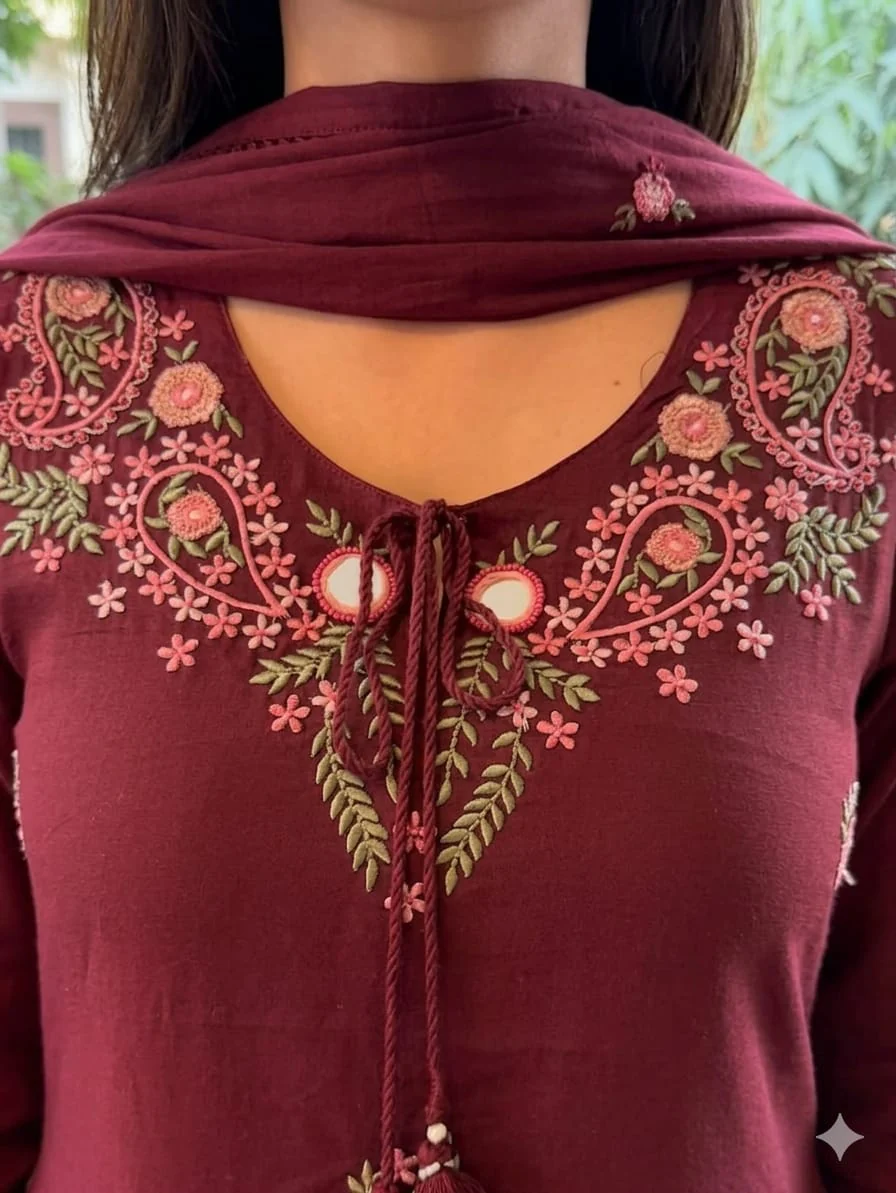Women’s Maroon Embroidered Kurta Pant Set with Dupatta - Image 3