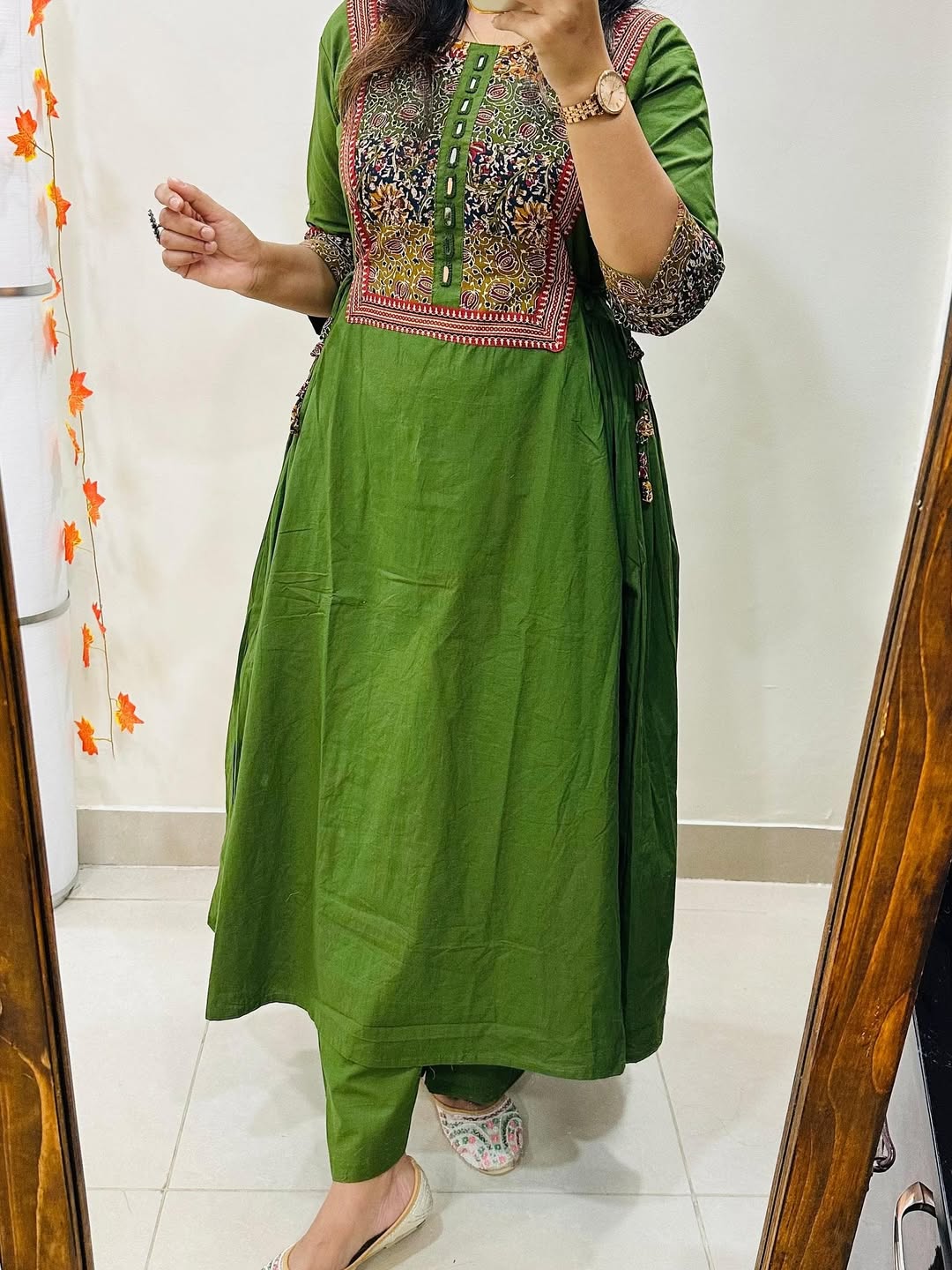 Women’s Olive Green Cotton Anarkali Kurta Pant Set with Embroidered Yoke - Image 5